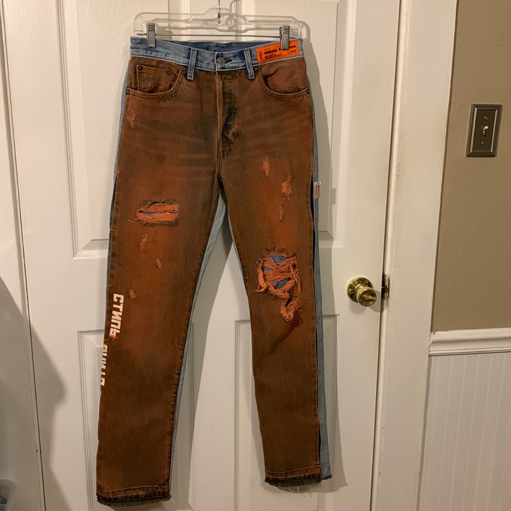 LEVIS HERON PRESTON 501 Orange Distressed Jeans W27 L32
